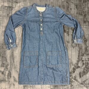 Madewell Womens Blue Linen Blend Henley Puff Sleeve Denim Shift Dress Size S